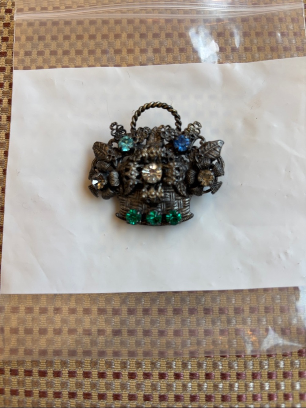 Czechoslovakia Brooch Glass Rhinestone Flower Basket Multicolor